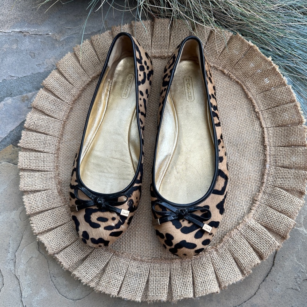 Vintage Coach Calf Hair Leopard Print Leather Ballet Flats Size 9.5 black bow - Picture 2 of 8